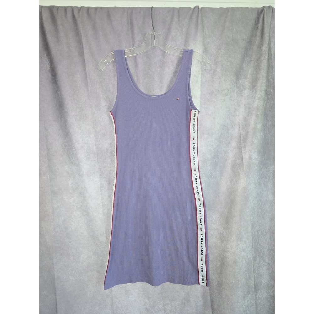 Tommy Hilfiger Purple Logo Tape Ribbed Bodycon Dress Womens M 90s Flaws